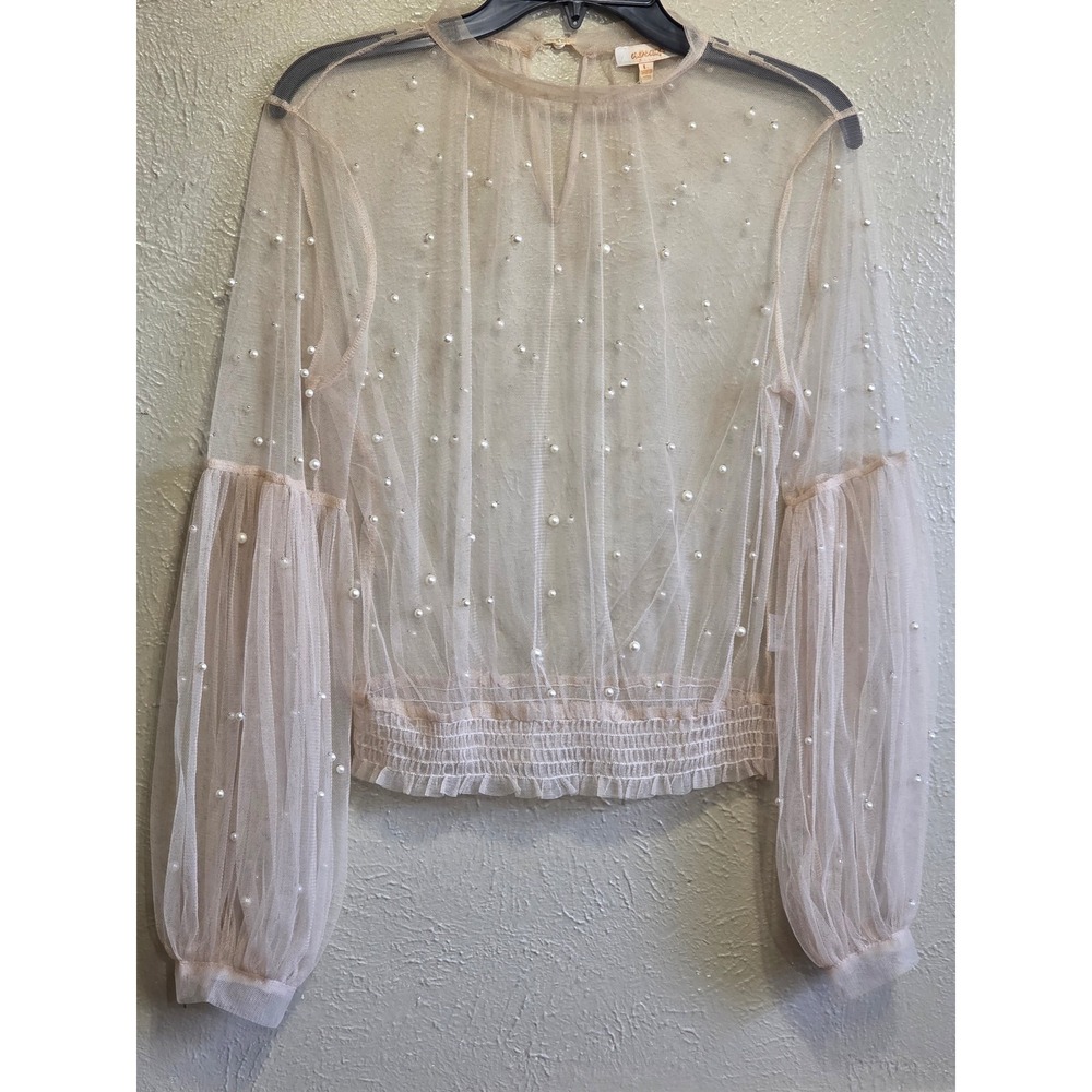 a peach Pearl Embellished Sheer Tulle‎ Mock Neck Bishop Sleeve Blouse Top size L